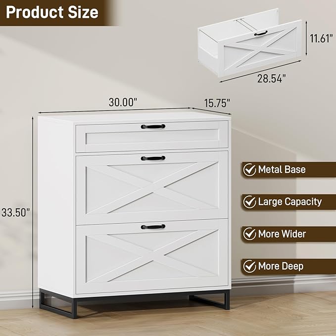File Cabinet 3 Drawers Lateral File Cabinet for Letter/Legal/A4 Size Hanging Files, Large Wood File Storage Cabinets Printer Stand for Home Office, White and Black