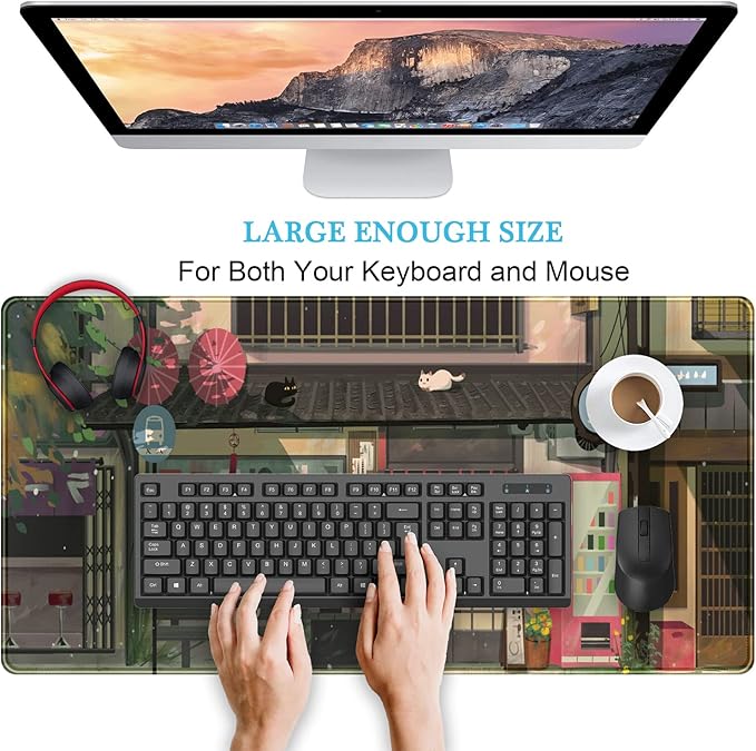 Cat Cafe Desk Mat Cute Anime Mouse Pads, Kawaii Desk Pad Large Gaming Mousepad XXL 31.5x15.75 in, Japanese Street Aesthetic Keyboard Mat Pad, Laptop Computer Desktop Decor Mat for Women Office