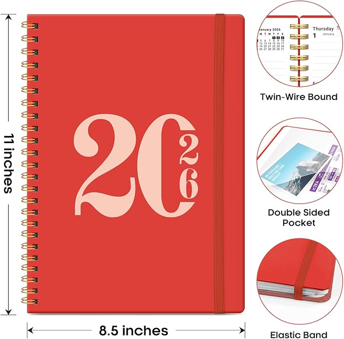 2026 Planner, Weekly and Monthly Calender Planner, Jan 2026 to Dec 2026, Hardcover 2026 Calendar Planner Book with Tabs & Inner Pocket, Office Home School Supplies for Women & Men - A4 (8.5" x 11"), Tomato Red