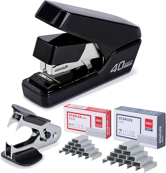 Deli Stapler, Effortless Staplers for Desk, 40 Sheet Capacity Heavy Duty, One Touch, No Effort, Easy to Load,with 2000 Staples & Staple Remover, Good for Office, Home Use, Black