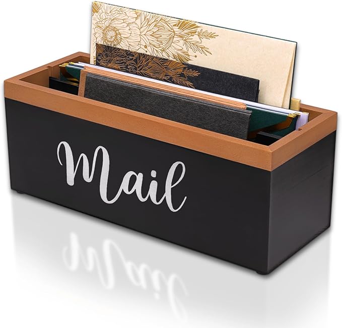 100% Real Wood Mail Organizer for Countertop, Dual-Sided Mail Script Design, Mail Holder for Office, Desk, Entryway Table, Rustic Farmhouse Style, Great Home Decor Gifts
