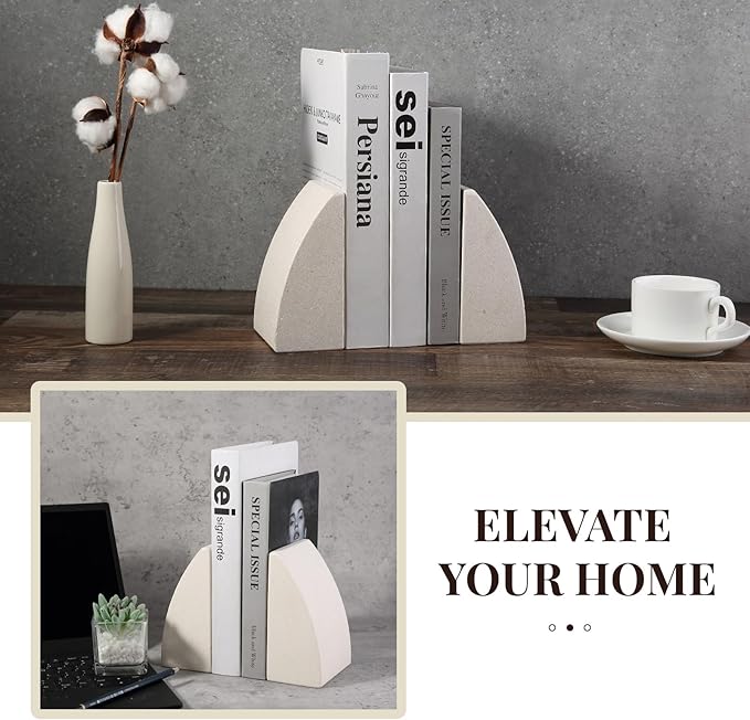 Koville Marble Bookends for Shelves, Large Bookends for Heavy Books, Natural Stone Book Stopper for Books CD Movies, Aesthetic Decorative Book Ends (Sail-Beige)