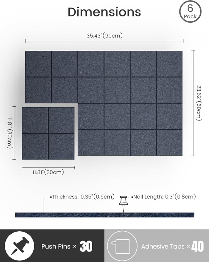 Bumusty Large Cork Board Alternative-36 x24 Felt Bulletin Board Tiles, with 30 Pushpins, 40 Adhesive Tabs, 6-Pack Slat Wall Paneling, Cork Boards for Office Push Pin Felt Board-Deep Charcoal Blue