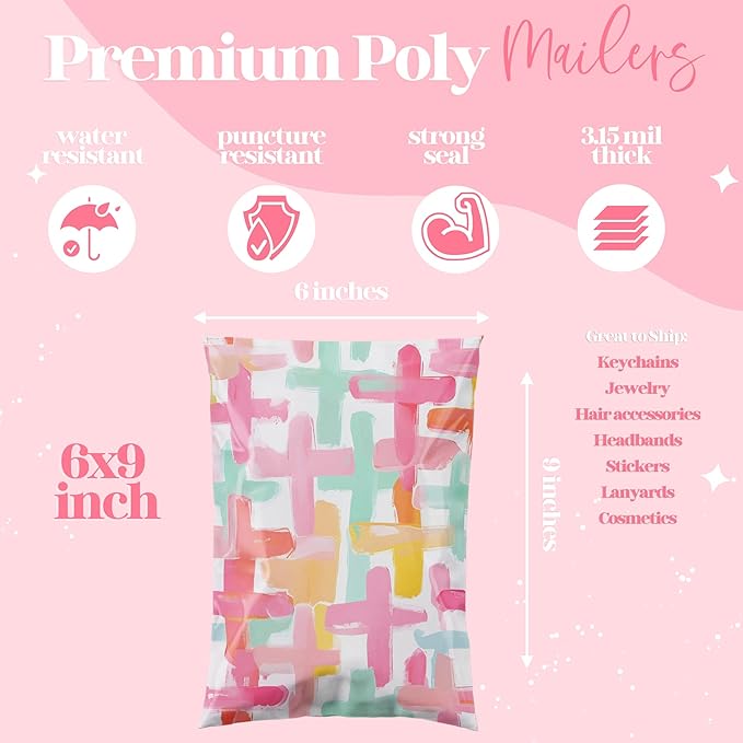 6x9 Designer Poly Mailer 100 Pack Heavy Duty Waterproof Self Seal Shipping Bags for Small Business Large Mailing Envelopes Bulk Tear Resistant Packaging Pastel Cross Faith
