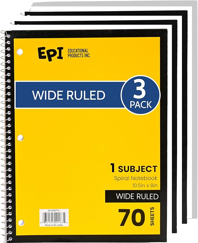 EPI Spiral Notebook | Wide - 70 Sheets, Durable Spiral Binding | 10.5 x 8 in | Classroom Supplies | School, Office, Note Taking, Journaling - 3 Pack