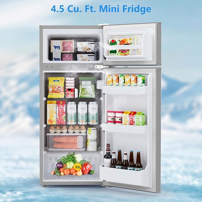 4.5 Cu.Ft Mini Fridge with Freezer, 2 Door Compact Refrigerator, Small Fridge with Adjustable Thermostat Energy Ultra Quiet, Mini Fridge Removable Glass Shelves for Bedroom Office Dorm Grey