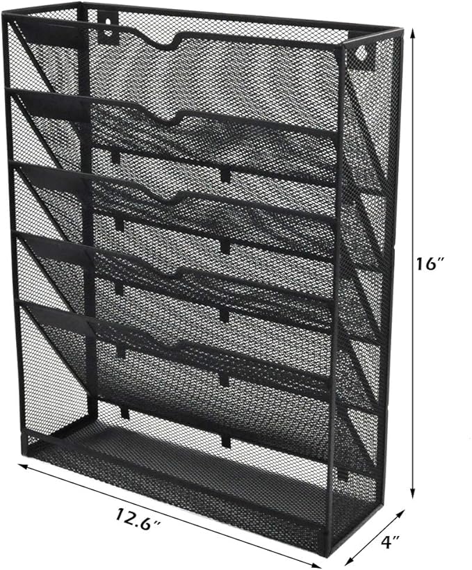 EASEPRES Desk File Organizer Mesh 6-Tier, Hanging Wall Mount Document Organization Stand, Desktop Vertical Mail Paper Folder Holder Rack with Bottom Tray for Office Home Cubicle, Sides Closed, Black