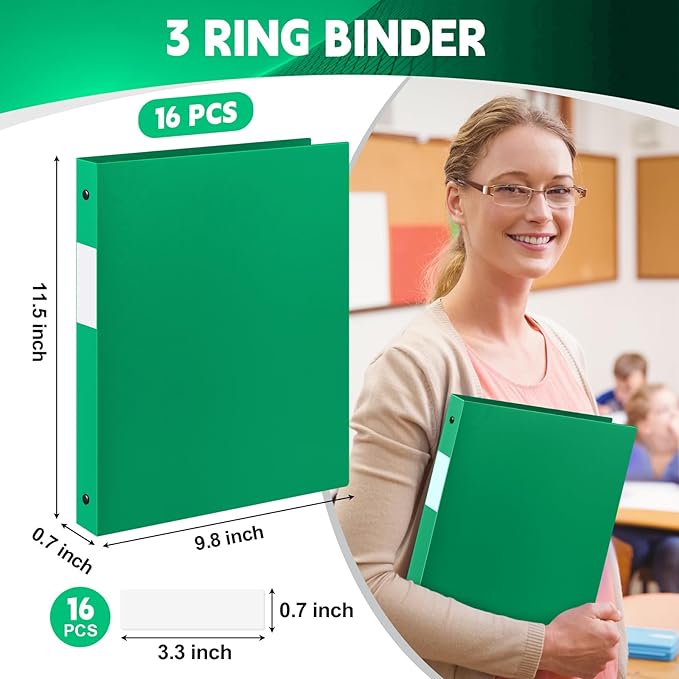 Henoyso 16 Pcs 3 Ring Binder 1/2'' Round Fits Letter Size 8. 5'' x 11'' Paper Plastic Flexible Binder Holds 100 Sheets with 1 Pockets Versatile Organizer for Office Home School (Green)