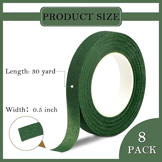 8 Rolls Floral Tape, 1/2" Wide Flower Tape, Mix Green Floral Tape for Fresh Flowers, Adhesive Florist Tape for Floral Crafts, Bouquet Floral Arranging Stem Wrapping, Wedding Bouquet, 30Yard
