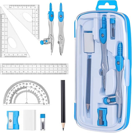Zonon Math Geometry Set 10 Pcs Student Supplies with Shatterproof Storage Box, Includes Rulers Protractor Compass Pencil Sharpener Lead Refills Eraser Pencil for Drafting and Drawings(Blue)