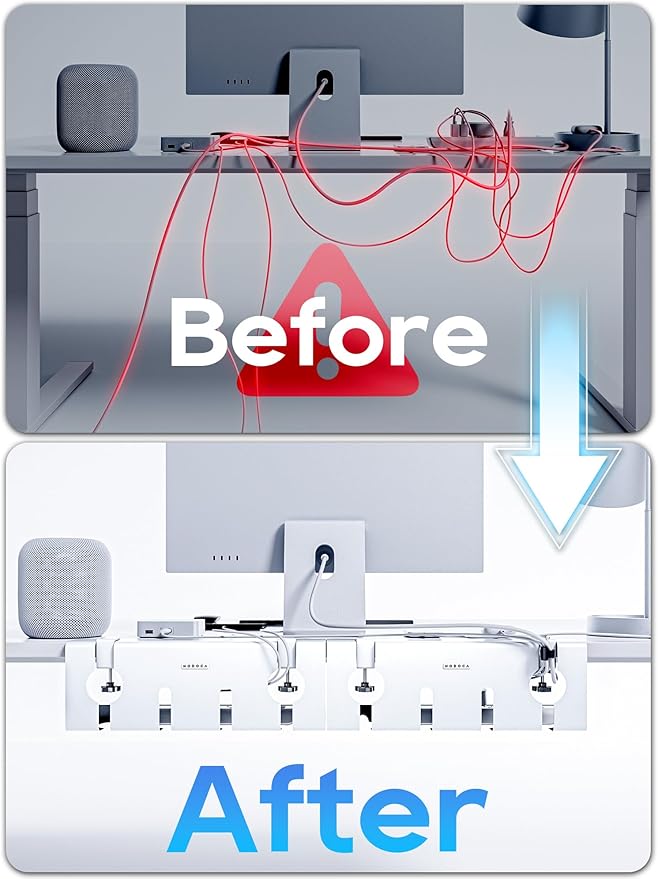 NODOCA No Drill Under Desk Cable Management Tray, 17'' Wire Management, Punch-Free Clamp on, Metal Cable Tray, Wire Organizer Under Desk, Under Desk Basket for Office and Home, White(2 Packs)