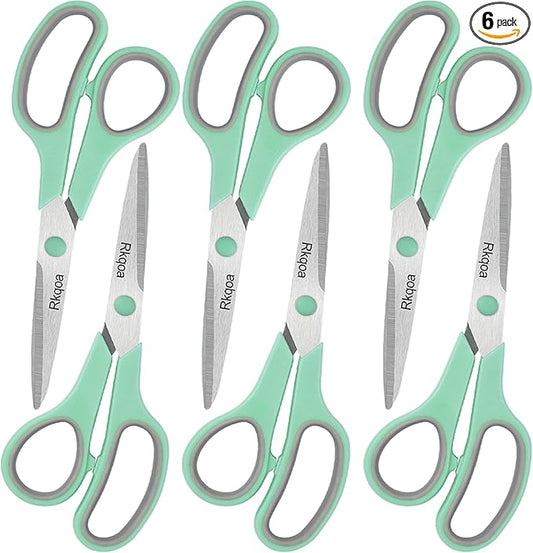 Scissors, Rkqoa 8" All Purpose Office Scissor 6 Pack - Comfort-Grip Sharp Shears for Office School House Sewing Fabric Crafts Arts Desk Classroom Supplies, Teacher/Class Scissors