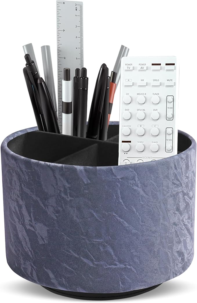 Hennaja Round Leather Art Supply Organizer,Remote Control Holder,360 Degree Spinning,Multi-Functional Pencil Holder,4 Compartments Desktop Stationary Organizer(1-Hill Blue)