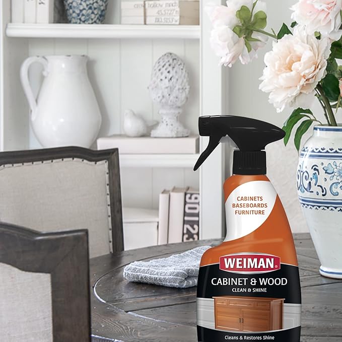 Weiman Cabinet & Wood Clean & Shine Spray - Furniture, Kitchen Cabinets, Baseboard & Trim, Fresh Almond Scent, Microfiber Cloth Included