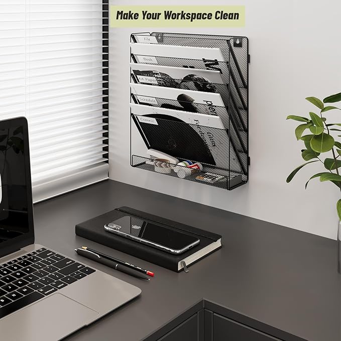 6 Tier File Wall Mounted Magazine Rack with Tray Mesh A4 Paper Organiser Mail Holder Storage No-Side, Black