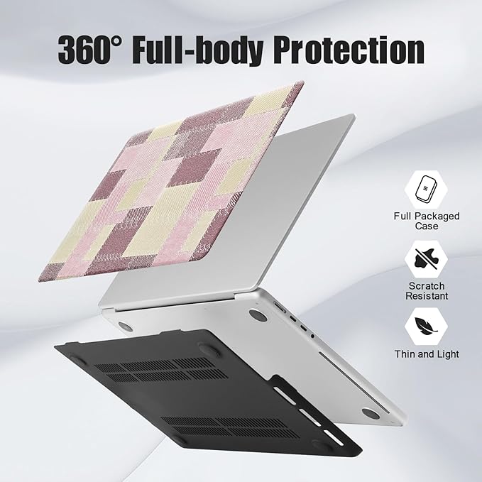 DTangLsm Checkered Case for MacBook Air 13 inch 2025 2024 2023 2022 M4 M3 M2 A3240 A3113 A2681, Checkerboard Grid Textured Leather Hard Shell Cover for MacBook Air 13.6 inch Case & Keyboard Cover,Pink