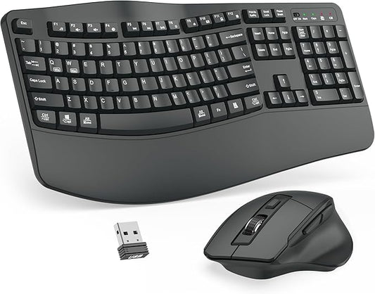 Wireless Keyboard and Mouse Combo, 2.4G Full Size Wave Keys Ergonomic Keyboard with Wrist Rest and 3-Level DPI Adjustable Wireless Ergonomic Mouse for Windows, Mac OS Desktop/Laptop/PC(Graphite)