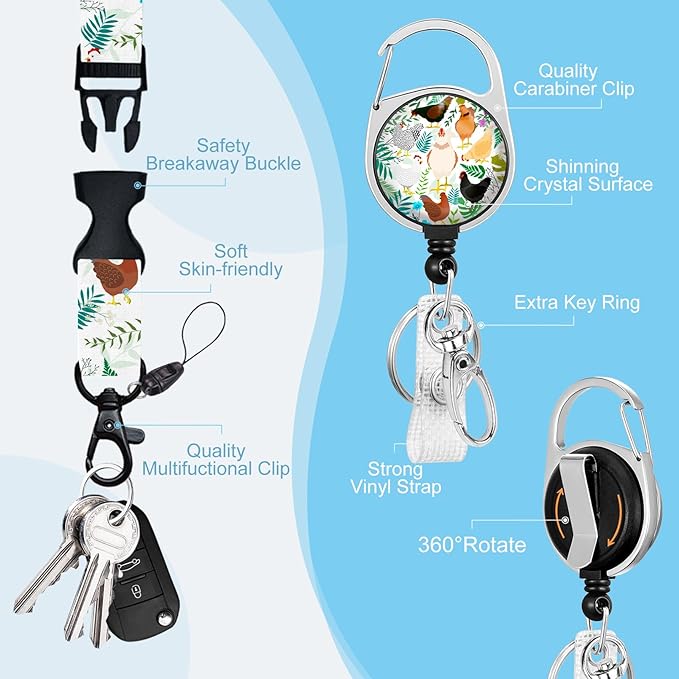 Gctriki ID Badge Holder with Lanyard, Cute Flower Chickens Lanyard for Keys, Funny Retractable Badge Reel Clip, Teacher Lanyards for ID Badges Holder, Nurse Teacher Workers Women Office Gifts