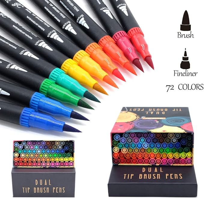 GC 72 Colors Dual Tip Brush Pens Highlighter 72 Art Markers 0.4mm Fine liners & Brush Tip Watercolor Pen Set for Adult and kids Coloring Books, Calligraphy, Hand Lettering, Note Taking