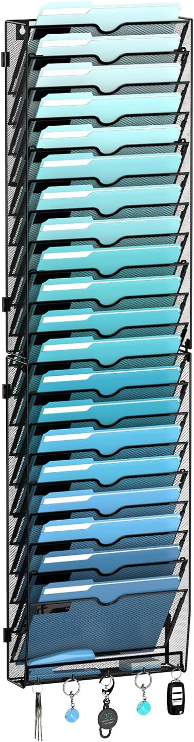 21-Tier Hanging Wall File Organizer with 5 Hooks, Wall File Holder with Labels, Vertical Wall Mount Mail Organizer for Papers, Folders, Magazines, Office Organization, Assembly Needed, Black