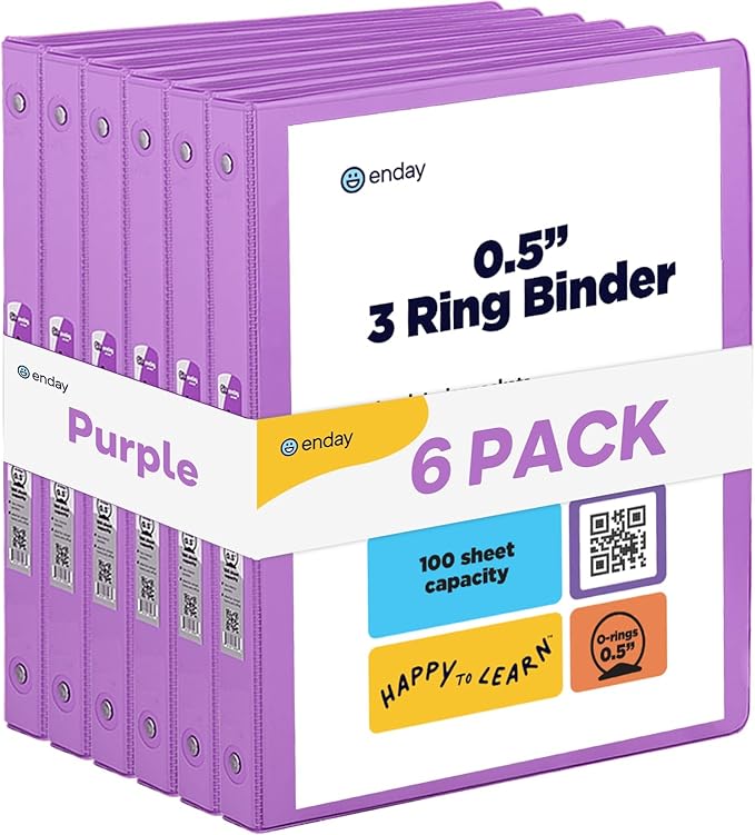 ½ Inch 3 Ring Binder Purple, .5 Inch Round Ring Clear View Cover with 2 Inside Pockets Binders, Colored School Supplies Binders, Also Available in Pink, Red, Green, Blue, and Grey (6 PC) – by Enday