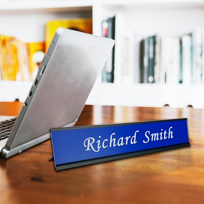 Personalized Desk Name Plates and Door Signs - Custom Office Desk or Door Name Plates with Aluminum Holder with Two Lines of Laser Engraved Text, 2X 10 inches Laser Engraved Sign - Customize
