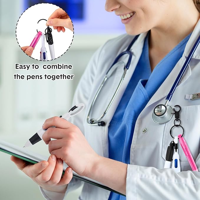 Sherr 25 Sets Retractable Nurse Pens with Mini Highlighter Permanent Marker Keychain Clip Badge Reel Pen Accessories for Nursing Students Medical Staff Office Stocking Stuffer Gift(Black Pink)