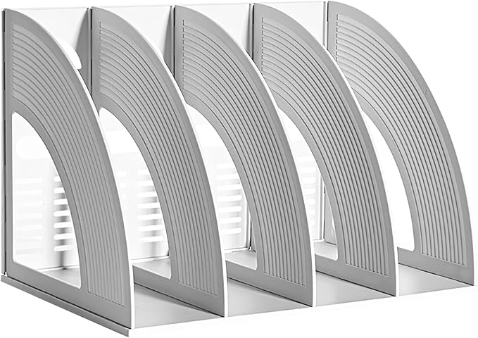SAYEEC File Holder Storage Folder 4 Compartment Standing Desktop Hollow Organizer Files Shelf Plastic Notebook Magazine for Office School Home Supplier Students (Random Light Gray OR Blue)
