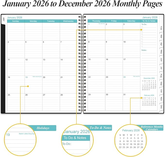 2026 Planner - Planner 2026 from January 2026 to December 2026 with 12 Monthly Tabs, Flexible Cover, Inner Pocket, 8.5" x 11", Black-B