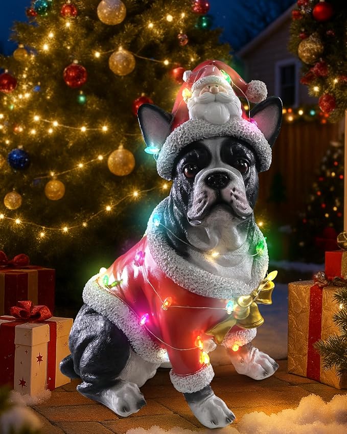 Christmas Outdoor Decoration Dog Statue, LED Light Cute French Bulldog Sculpture with Santa Outfit & Lights for Garden and Yard, Indoor Holiday Décor Gift for mom and dad