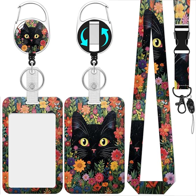Lanyard with Id Holder, Black Cat Flower Badge Holder with Retractable Lanyard, ID Holder with Badge Reel Clips, Animal Keychain Name Tag Teacher Women Doctor Office Gift