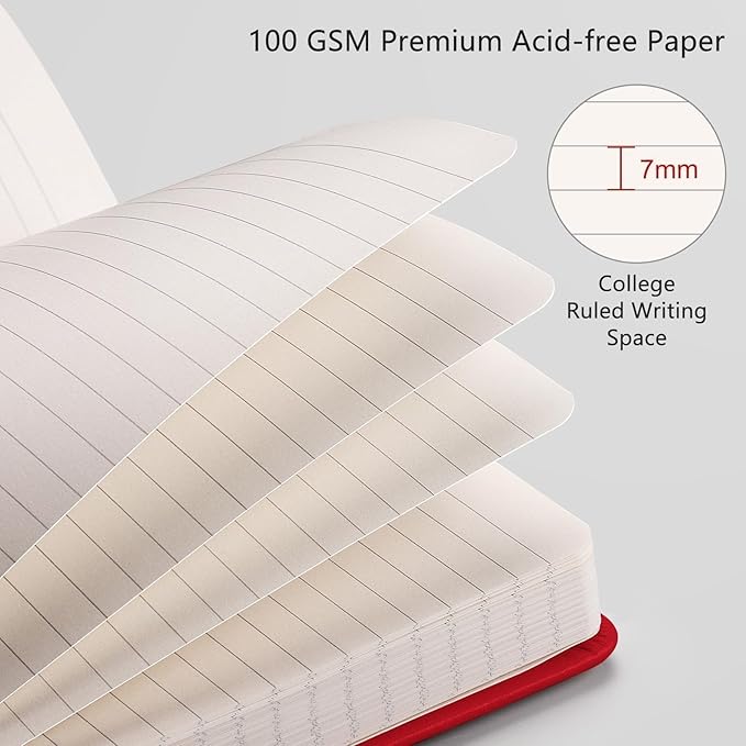 RETTACY Lined Journal Notebook, 192 Numbered Pages, A5 Medium Size (5.7'' x 8.3''), for Men & Women, Journaling, Writing, Work & Office, Leather Hardcover, 100 GSM Thick Paper (Red)