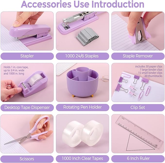 SKYDUE Purple Office Supplies Set, Purple Office Desk Accessories 10PCS, Pencil Holder for Desk, Stapler, Tape Dispenser, Scissors, Ruler, Binder/Paper Clips and 1000pcs Staples,Desk Supplies Set