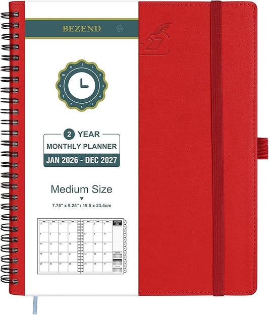 BEZEND Monthly Planner 2026-2027 (Spiral-7" x 9") 2 Year Calendar Book with Note Pages - Jan 26 to Dec 27-120 GSM Paper, Inner Pockets, Laminated Tabs, Vegan Leather Softcover - Red