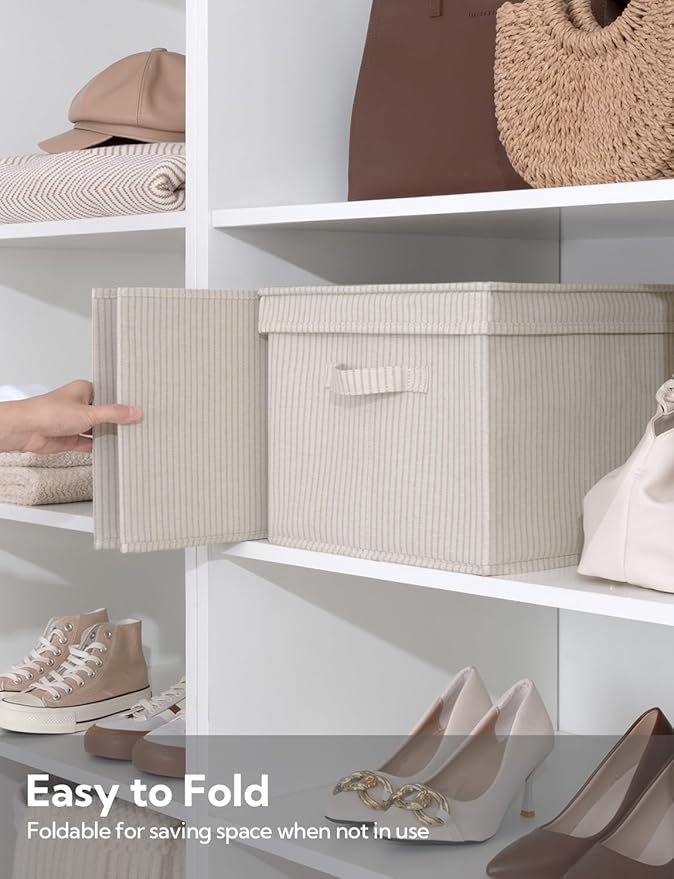 StorageWorks Storage Bins with Lids, Decorative Storage Boxes with Lid and Handles, Foldable Storage Baskets for Closet, Shelves, Stackable, Khaki Stripe, Jumbo, 3-Pack