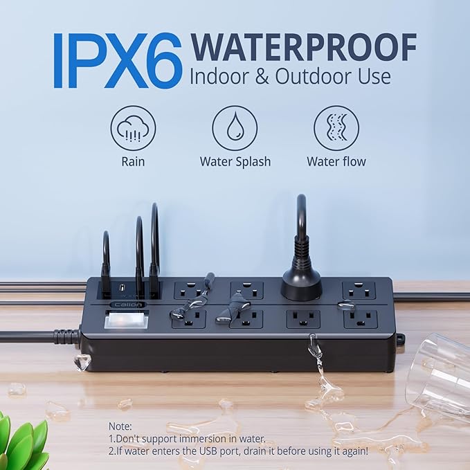 Outdoor Power Strip Weatherproof,Waterproof Surge Protector with 8 Wide Outlets,4 USB Charger,15 FT Extension Cord,16AWG,1875W/15Amps,Multi Outlet Extender for Office Patio Garden Christmas Lights