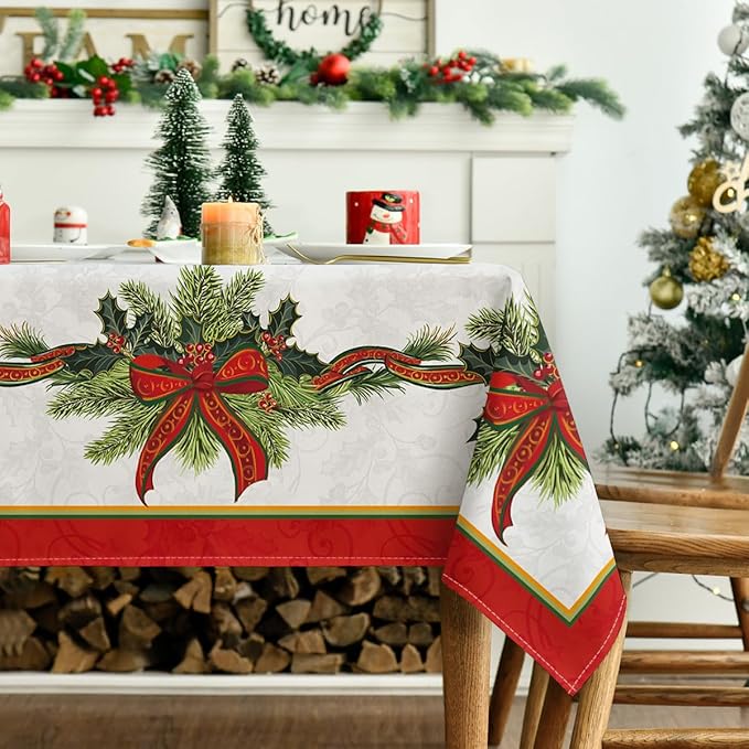 Horaldaily Christmas Tablecloth 60×84 Inch, Poinsettia Golden Ribbon Washable Table Cover for Party Picnic Dinner Decor