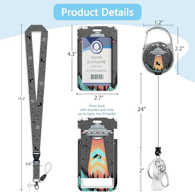 Gctriki Lanyards for ID Badges and Keys, Funny Badge Reel Retractable Heavy Duty with 360° Swivel Carabiner Clip, Funny Art UFO ID Badge Holder with Breakaway Lanyard, Teacher Nurse Office Gifts