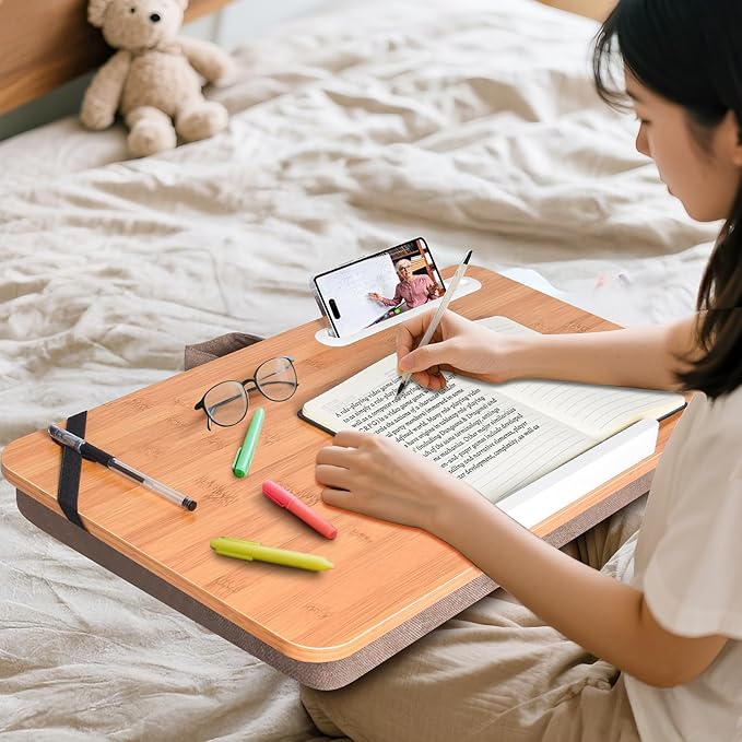 wishacc Oversized Bamboo Lap Desk with Phone/Tablet Slots & Cushion Pillow – Extra-Large Portable Laptop Stand for Home, Office, Bed, Car