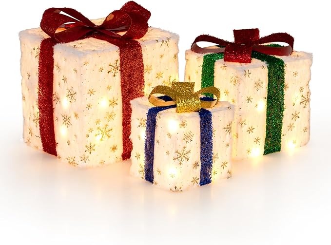 Tangkula Set of 3 Christmas Lighted Gift Boxes, Pre-lit Christmas Decoration with 48 Bright Warm Lights, Plush Boxes Decoration with Bows, Indoor Outdoor Present Boxes Ornament for Home Yard Holiday