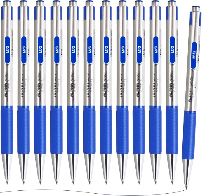 M&G Ballpoint Pens, Blue Ink Pens Medium Point 0.7mm, Retractable Ballpoint Pens Bulk Long Lasting Smooth Writing with Anti-Slip Grip for Journaling Office Supplies School Women Men (12 Pack)