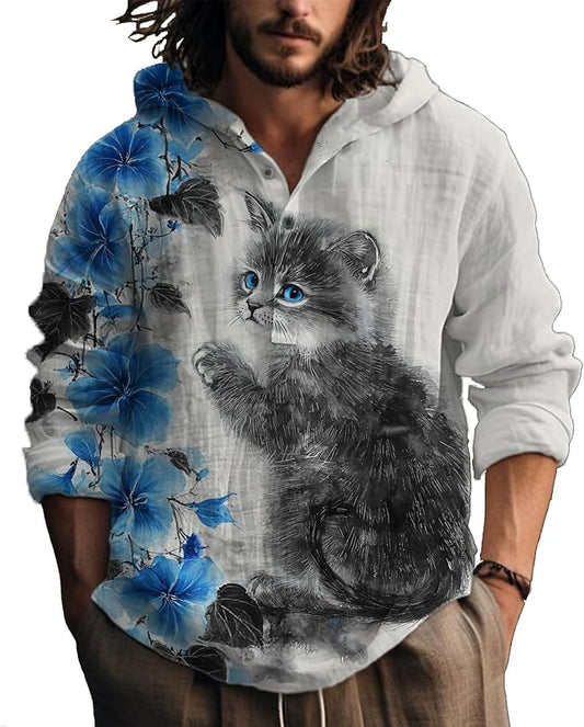 MARSVOVO Hooded Long Sleeve Shirt Men Fashion Graphic Button Up Lightweight Big and Tall Casual Vacation Shirts for Men