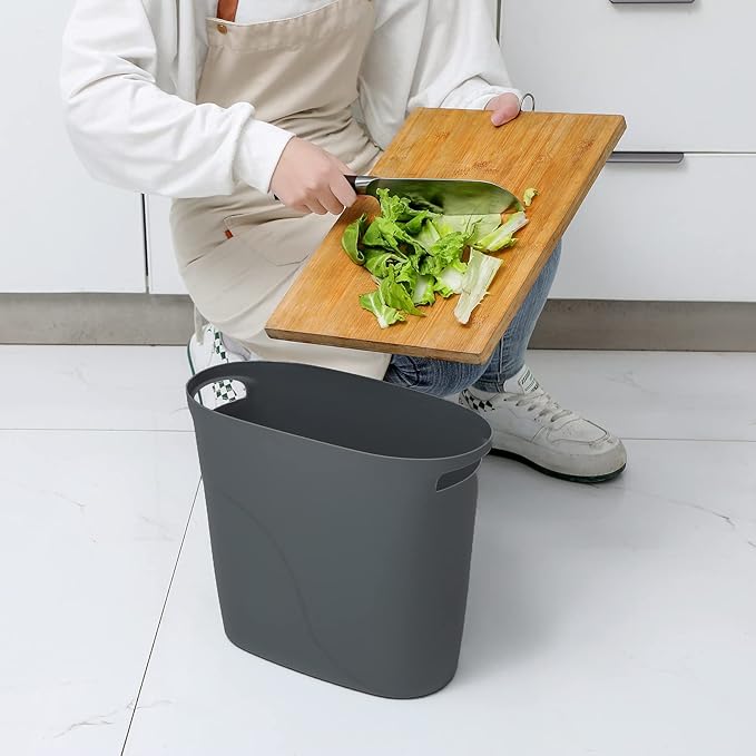 JiatuA Plastic Small Trash Can Slim Waste Basket with Handles 3.2 Gallon Narrow Garbage Container Bin for Bathroom, Bedroom, Kitchen, Home Office Under Desk, Dorm, Laundry Room, Kids Room, Dark Grey
