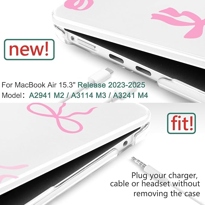 DONGKE Compatible with M4 MacBook Air 15 inch Case 2025-2023 A3241 A3114 A2941 M3 M2 Retina Display Touch ID, Plastic Hard Case & Keyboard Skin for MacBook Air 15" - Pink Bows