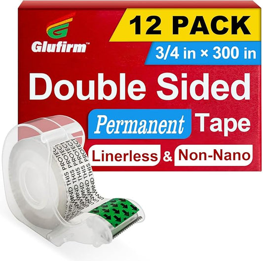 Double Sided Tape for Gift Wrapping with Dispenser, 3/4 in x 300 in, Double Stick Tape 12 Pack, Christmas Wrapping Paper Tape, Linerless, Office and School Supplies