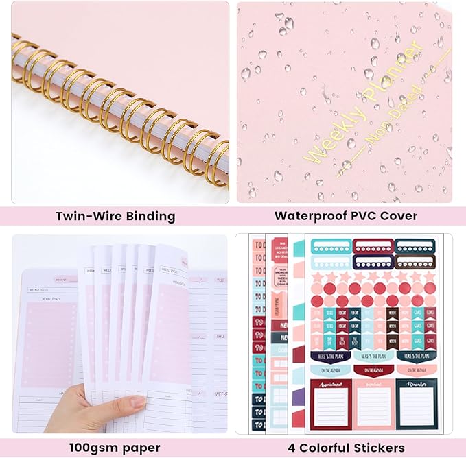 Undated Weekly Planner with Habit Tracker, 52 Weeks To Do List Notebook A5 Weekly Goal Planner with Spiral Binding & Stickers Home Work School Supplies for Women Girls 8.2" x 5.7" - Pink
