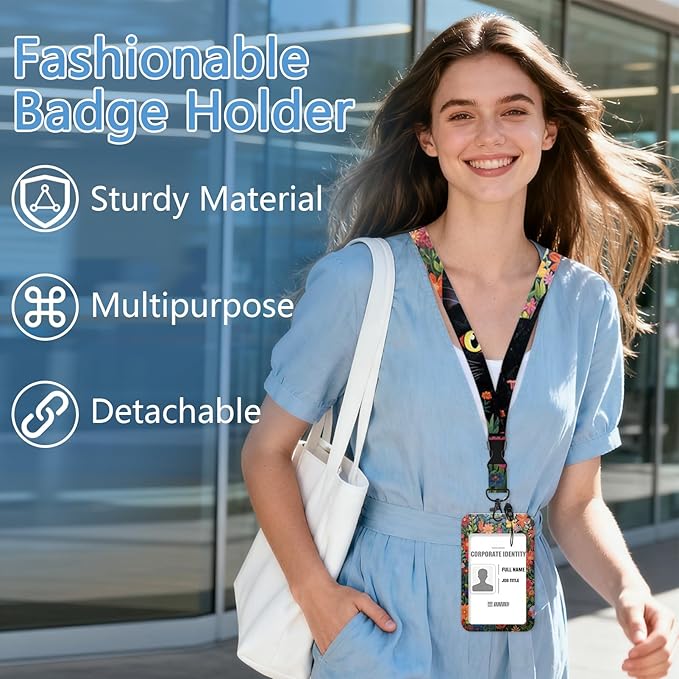 Lanyard with Id Holder, Black Cat Flower Badge Holder with Retractable Lanyard, ID Holder with Badge Reel Clips, Animal Keychain Name Tag Teacher Women Doctor Office Gift