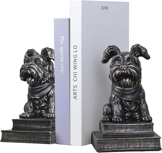 Vintage Antique Dog Bookends,Decorative Book Ends for Shelves,Creative Resin Schnauzer Statues Book Holders for Desk Home Office Bookshelf Decoration,Gifts for Dog Enthusiasts