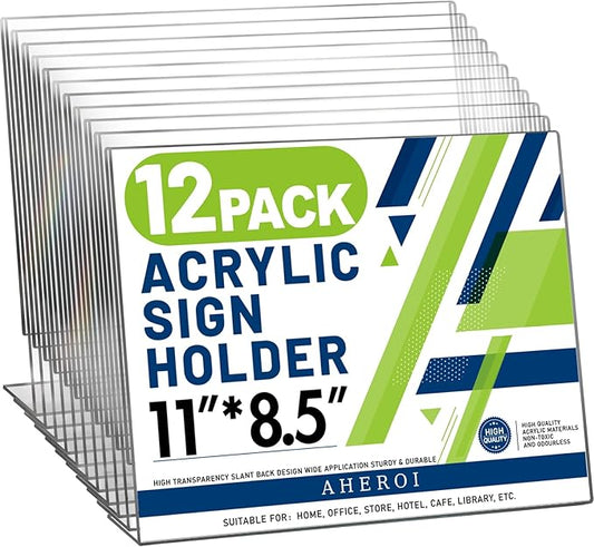 Aheroi 12Pcs Acrylic Sign Holder 8.5 x 11, Horizontal Clear Sign Holders 8.5 x 11, L-Shape Acrylic Paper Holder, Plastic Sign Holder Paper Holder Display Stand for Menu Document Picture Frames