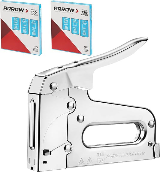 Arrow T50 Heavy Duty Staple Gun Kit, All Chrome Steel Stapler, with 3750 Pieces T50 1/4", 3/8", 1/2" Staples, for Upholstery Professional Projects
